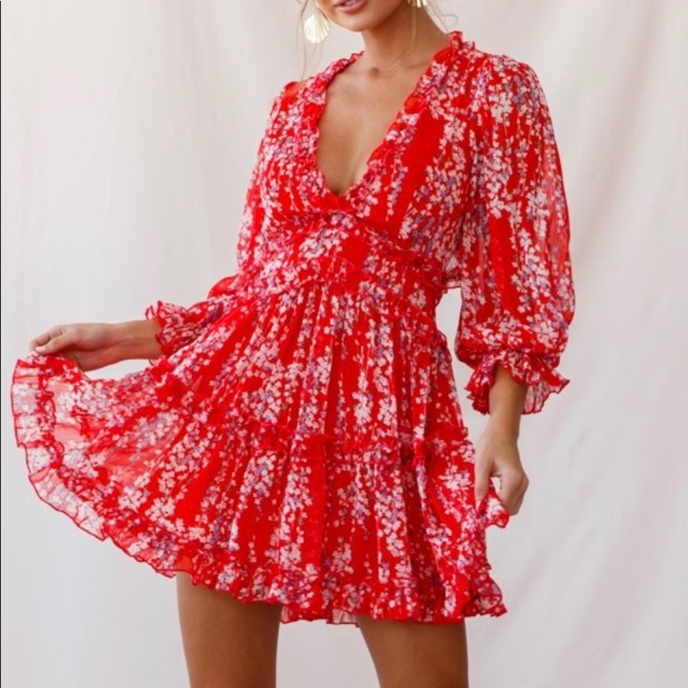Laney Cutout Back Ruffle Detail Floral Dress Red